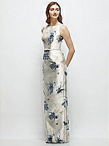 Front View Thumbnail - Inkwash Blue Floral Floral Bateau Neck Satin Column Dress with Bow-Trimmed Skinny Belt
