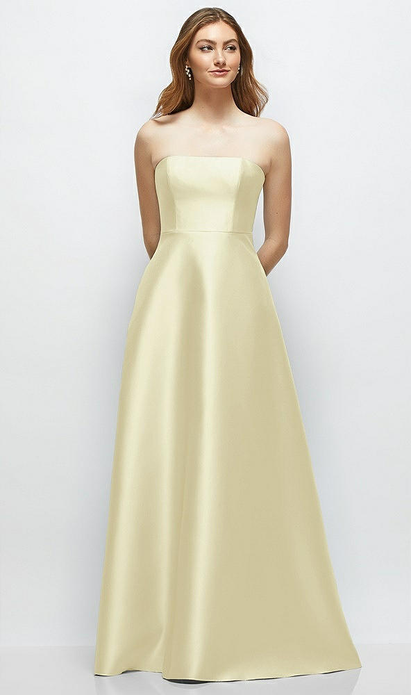 Front View - Butter Yellow Strapless Satin Gown with Full Skirt and Covered Buttons at Back