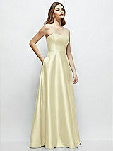 Side View Thumbnail - Butter Yellow Strapless Satin Gown with Full Skirt and Covered Buttons at Back