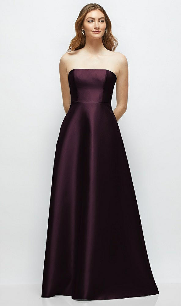 Front View - Deep Plum Strapless Satin Gown with Full Skirt and Covered Buttons at Back