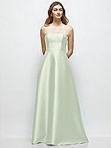 Front View Thumbnail - Mint Green Strapless Satin Gown with Full Skirt and Covered Buttons at Back