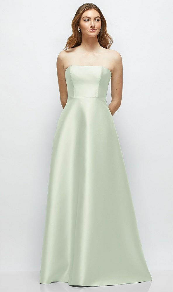 Front View - Mint Green Strapless Satin Gown with Full Skirt and Covered Buttons at Back