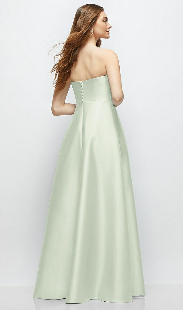 Back View - Mint Green Strapless Satin Gown with Full Skirt and Covered Buttons at Back