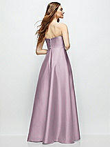 Rear View Thumbnail - Suede Rose Strapless Satin Gown with Full Skirt and Covered Buttons at Back