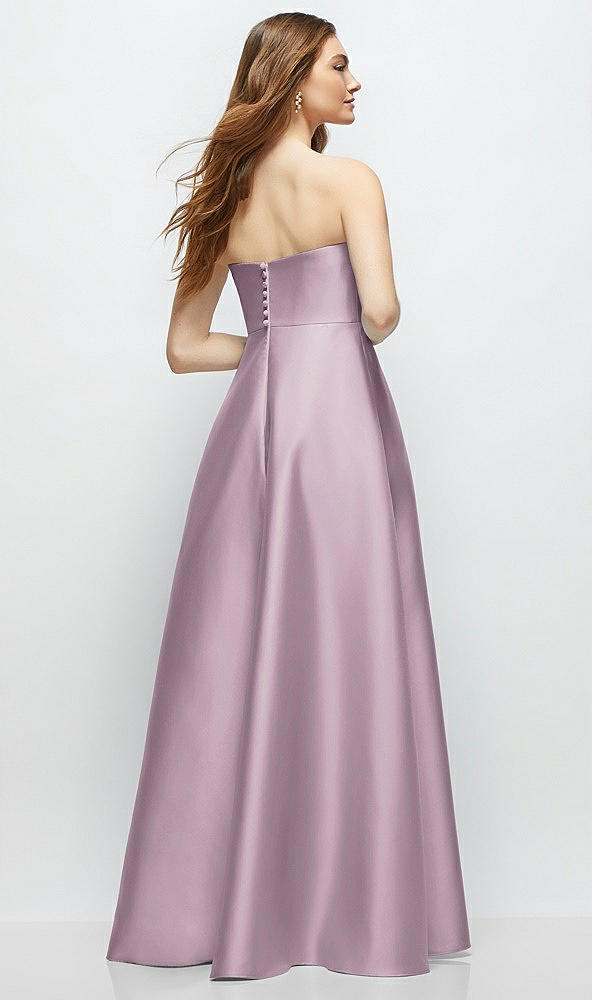 Back View - Suede Rose Strapless Satin Gown with Full Skirt and Covered Buttons at Back