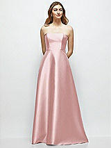 Front View Thumbnail - Ballet Pink Strapless Satin Gown with Full Skirt and Covered Buttons at Back