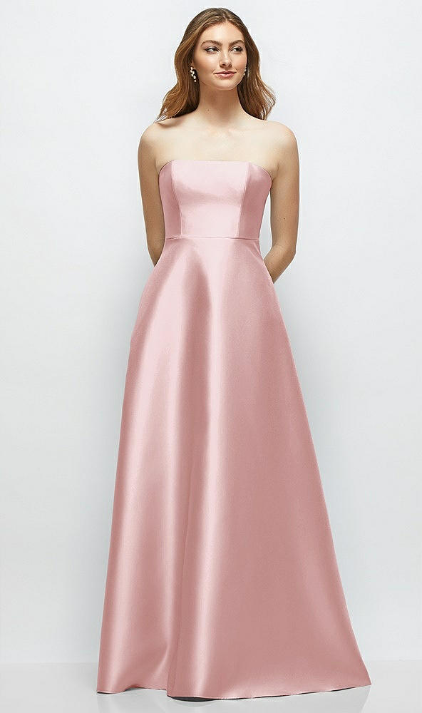 Front View - Ballet Pink Strapless Satin Gown with Full Skirt and Covered Buttons at Back