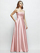 Side View Thumbnail - Ballet Pink Strapless Satin Gown with Full Skirt and Covered Buttons at Back