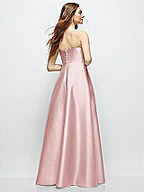 Rear View Thumbnail - Ballet Pink Strapless Satin Gown with Full Skirt and Covered Buttons at Back
