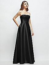 Side View Thumbnail - Black Strapless Satin Gown with Full Skirt and Covered Buttons at Back