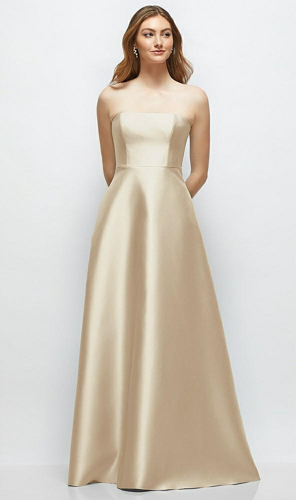 Front View - Champagne Strapless Satin Gown with Full Skirt and Covered Buttons at Back