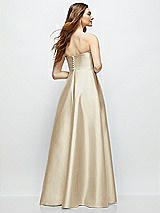 Rear View Thumbnail - Champagne Strapless Satin Gown with Full Skirt and Covered Buttons at Back