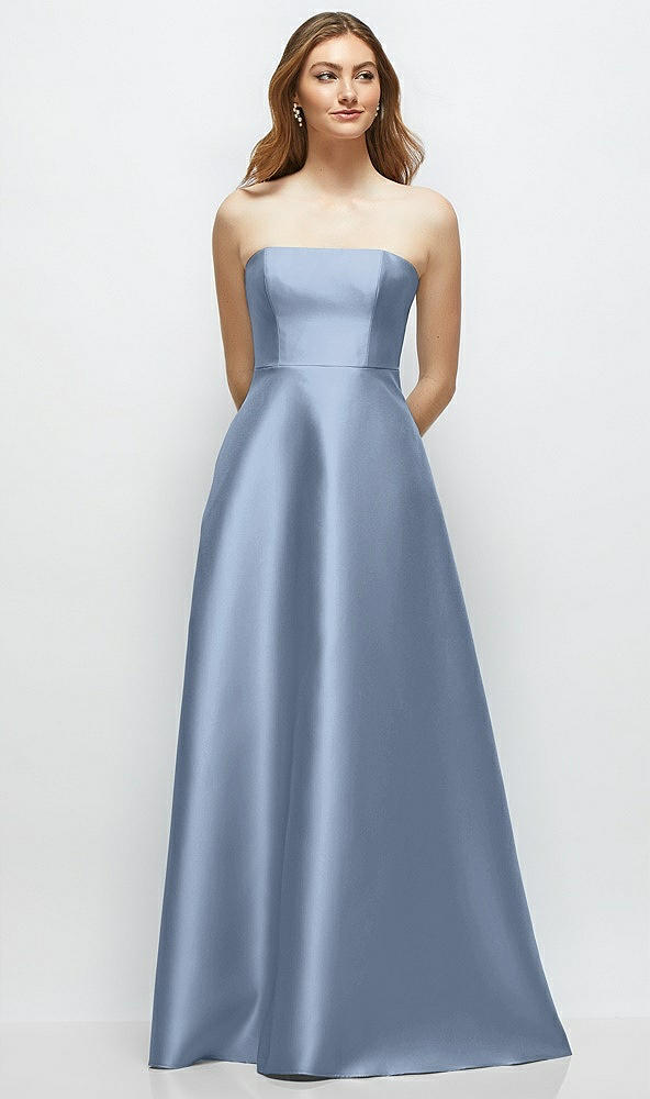 Front View - Cloudy Strapless Satin Gown with Full Skirt and Covered Buttons at Back