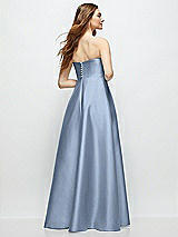Rear View Thumbnail - Cloudy Strapless Satin Gown with Full Skirt and Covered Buttons at Back