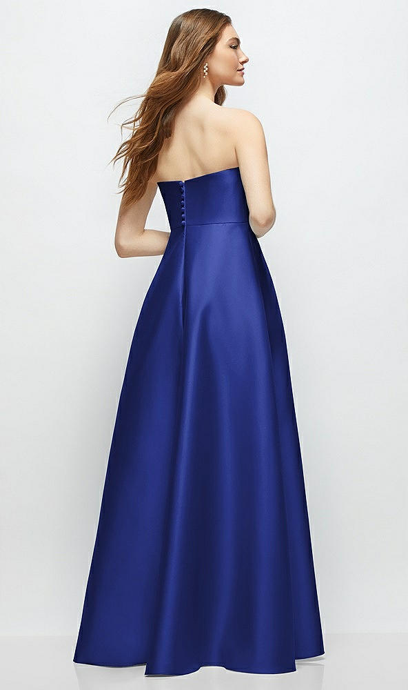 Back View - Cobalt Blue Strapless Satin Gown with Full Skirt and Covered Buttons at Back