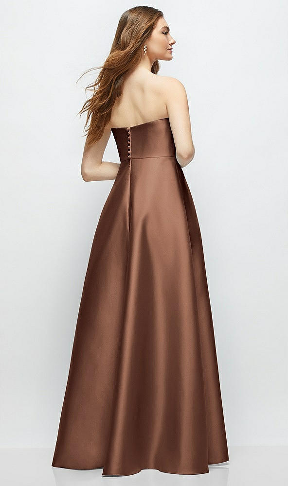 Back View - Cognac Strapless Satin Gown with Full Skirt and Covered Buttons at Back