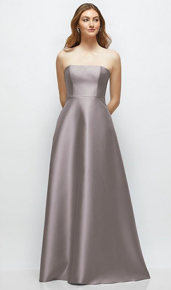 Front View - Cashmere Gray Strapless Satin Gown with Full Skirt and Covered Buttons at Back