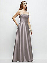 Side View Thumbnail - Cashmere Gray Strapless Satin Gown with Full Skirt and Covered Buttons at Back