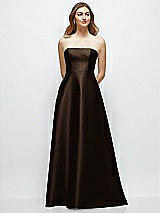Front View Thumbnail - Espresso Strapless Satin Gown with Full Skirt and Covered Buttons at Back