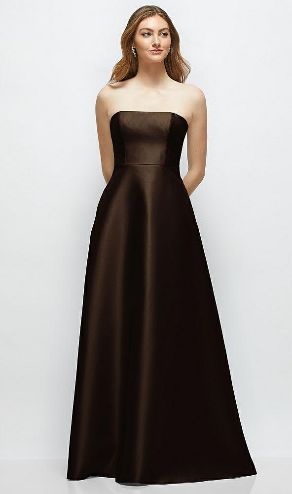 Front View - Espresso Strapless Satin Gown with Full Skirt and Covered Buttons at Back