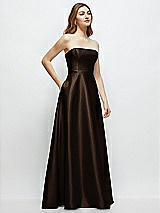 Side View Thumbnail - Espresso Strapless Satin Gown with Full Skirt and Covered Buttons at Back