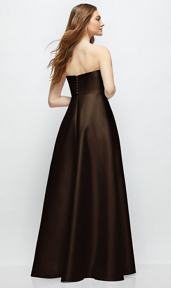 Back View - Espresso Strapless Satin Gown with Full Skirt and Covered Buttons at Back