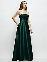 Side View Thumbnail - Evergreen Strapless Satin Gown with Full Skirt and Covered Buttons at Back