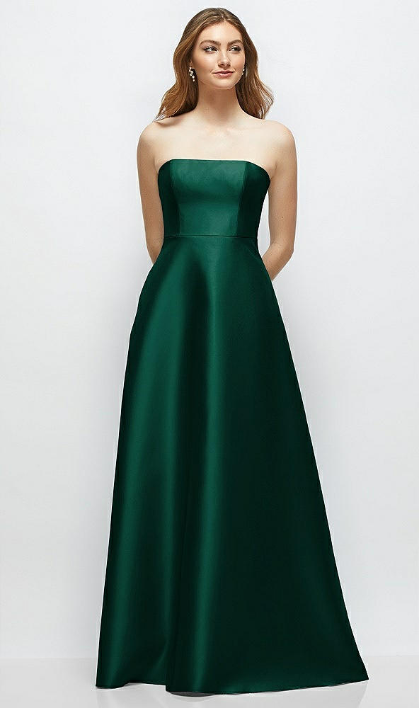 Front View - Hunter Green Strapless Satin Gown with Full Skirt and Covered Buttons at Back
