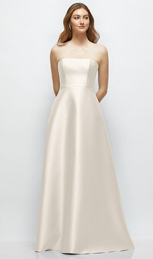 Front View - Ivory Strapless Satin Gown with Full Skirt and Covered Buttons at Back