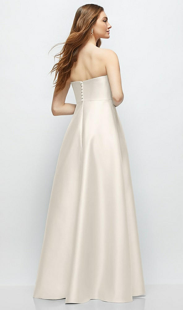 Back View - Ivory Strapless Satin Gown with Full Skirt and Covered Buttons at Back