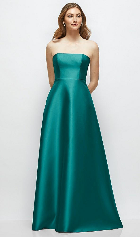 Front View - Jade Strapless Satin Gown with Full Skirt and Covered Buttons at Back