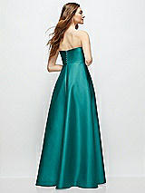 Rear View Thumbnail - Jade Strapless Satin Gown with Full Skirt and Covered Buttons at Back