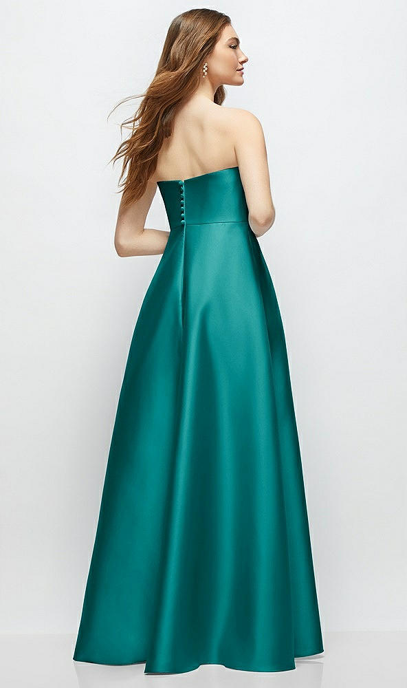 Back View - Jade Strapless Satin Gown with Full Skirt and Covered Buttons at Back
