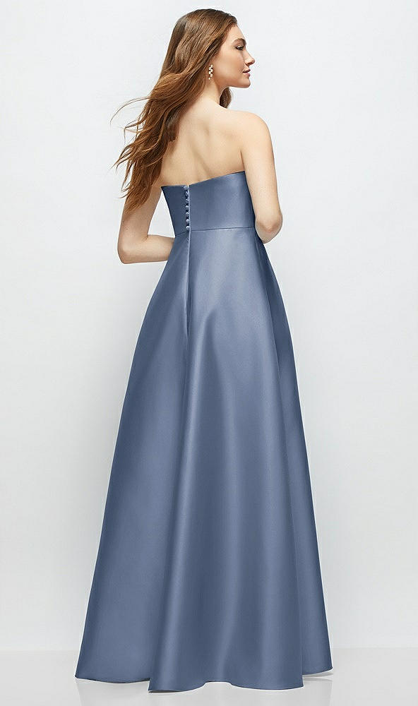 Back View - Larkspur Blue Strapless Satin Gown with Full Skirt and Covered Buttons at Back