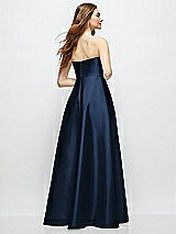 Rear View Thumbnail - Midnight Navy Strapless Satin Gown with Full Skirt and Covered Buttons at Back