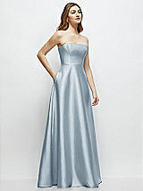 Side View Thumbnail - Mist Strapless Satin Gown with Full Skirt and Covered Buttons at Back
