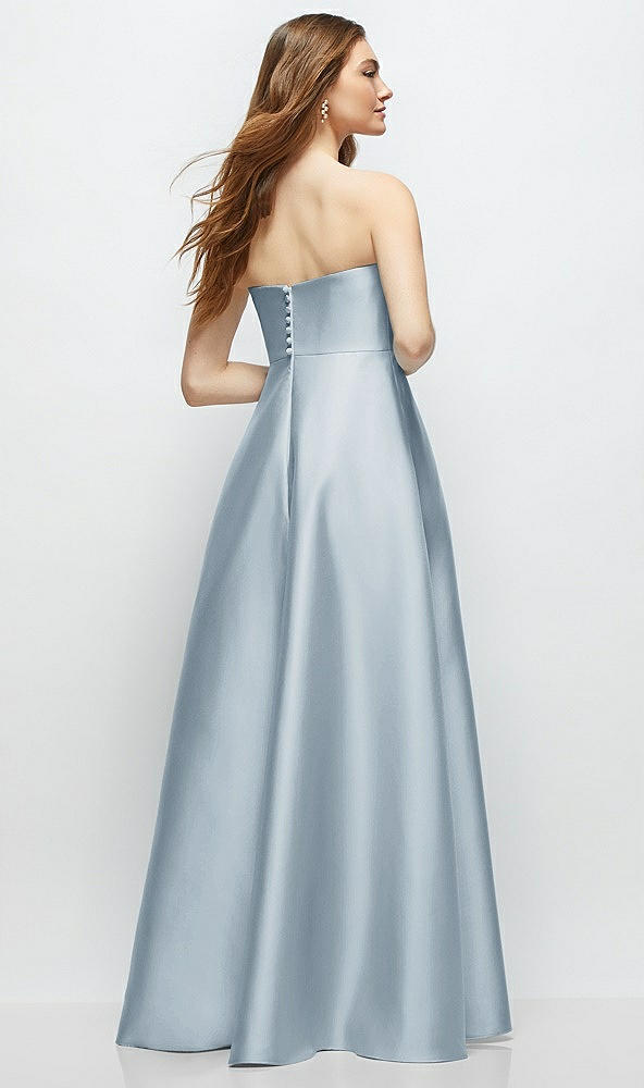 Back View - Mist Strapless Satin Gown with Full Skirt and Covered Buttons at Back