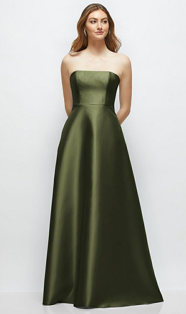 Front View - Olive Green Strapless Satin Gown with Full Skirt and Covered Buttons at Back