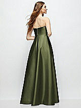 Rear View Thumbnail - Olive Green Strapless Satin Gown with Full Skirt and Covered Buttons at Back