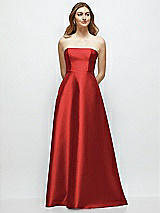 Front View Thumbnail - Poppy Red Strapless Satin Gown with Full Skirt and Covered Buttons at Back
