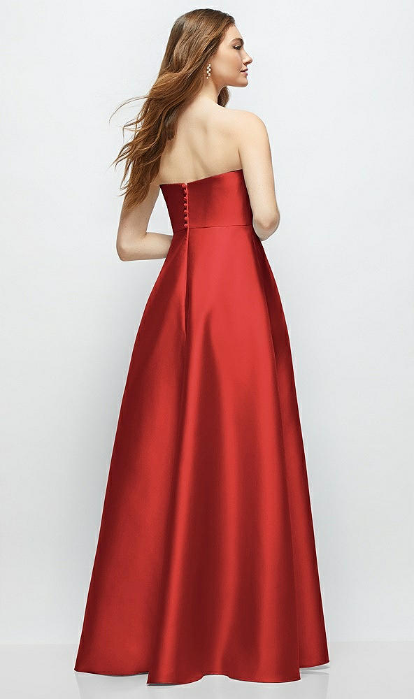 Back View - Poppy Red Strapless Satin Gown with Full Skirt and Covered Buttons at Back