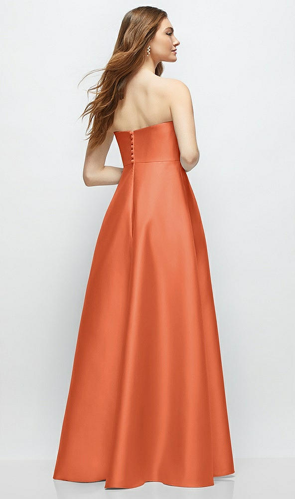 Back View - Portofino Orange Strapless Satin Gown with Full Skirt and Covered Buttons at Back