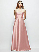 Front View Thumbnail - Rose Strapless Satin Gown with Full Skirt and Covered Buttons at Back