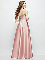 Rear View Thumbnail - Rose Strapless Satin Gown with Full Skirt and Covered Buttons at Back
