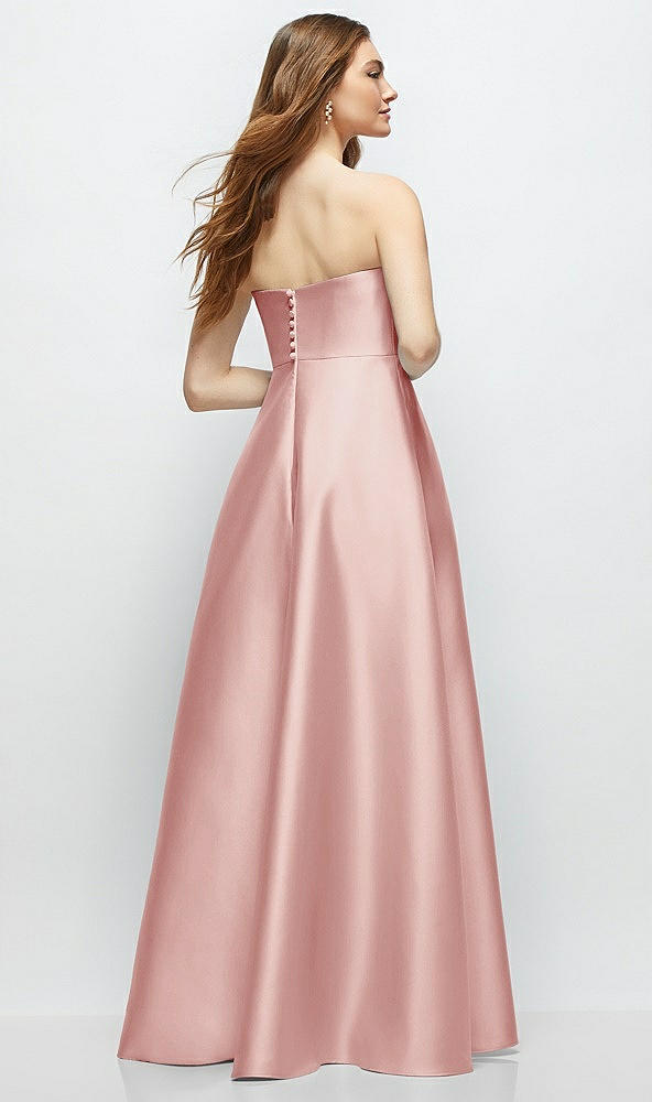 Back View - Rose Strapless Satin Gown with Full Skirt and Covered Buttons at Back