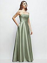 Side View Thumbnail - Sage Strapless Satin Gown with Full Skirt and Covered Buttons at Back