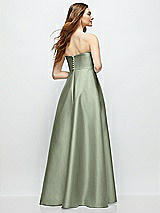 Rear View Thumbnail - Sage Strapless Satin Gown with Full Skirt and Covered Buttons at Back