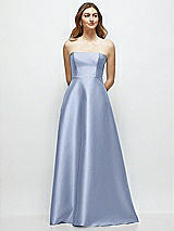 Front View Thumbnail - Sky Blue Strapless Satin Gown with Full Skirt and Covered Buttons at Back