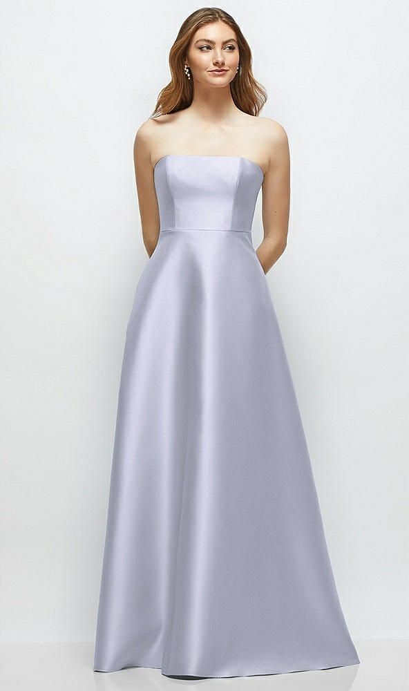 Front View - Silver Dove Strapless Satin Gown with Full Skirt and Covered Buttons at Back