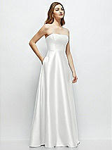 Side View Thumbnail - White Strapless Satin Gown with Full Skirt and Covered Buttons at Back